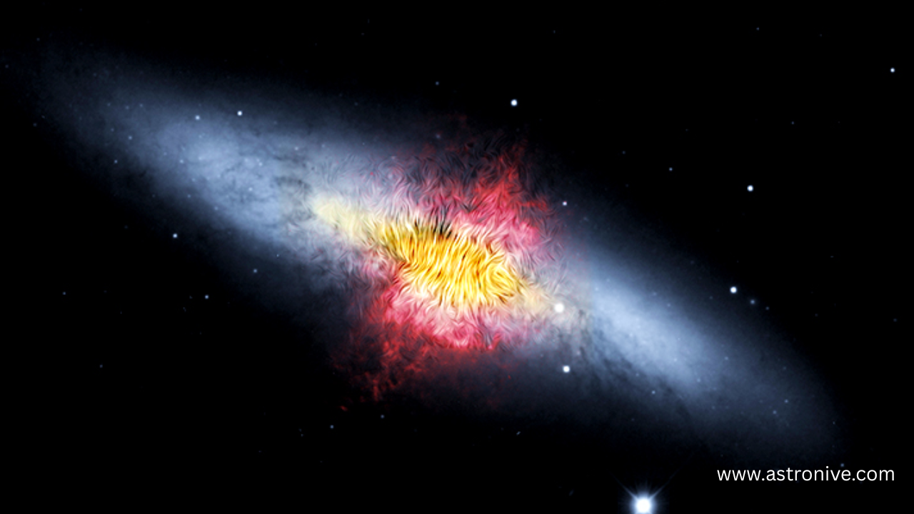 Hubble Space Telescope mosaic view of the Cigar Galaxy (Messier 82), showing glowing hydrogen plumes and intense starburst activity