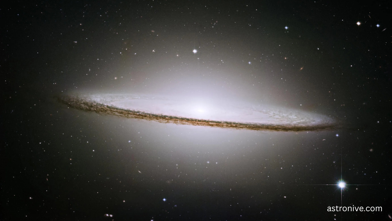 Mid-infrared view of the Sombrero Galaxy (M104) captured by the James Webb Space Telescope showing dust lanes and bright galactic core