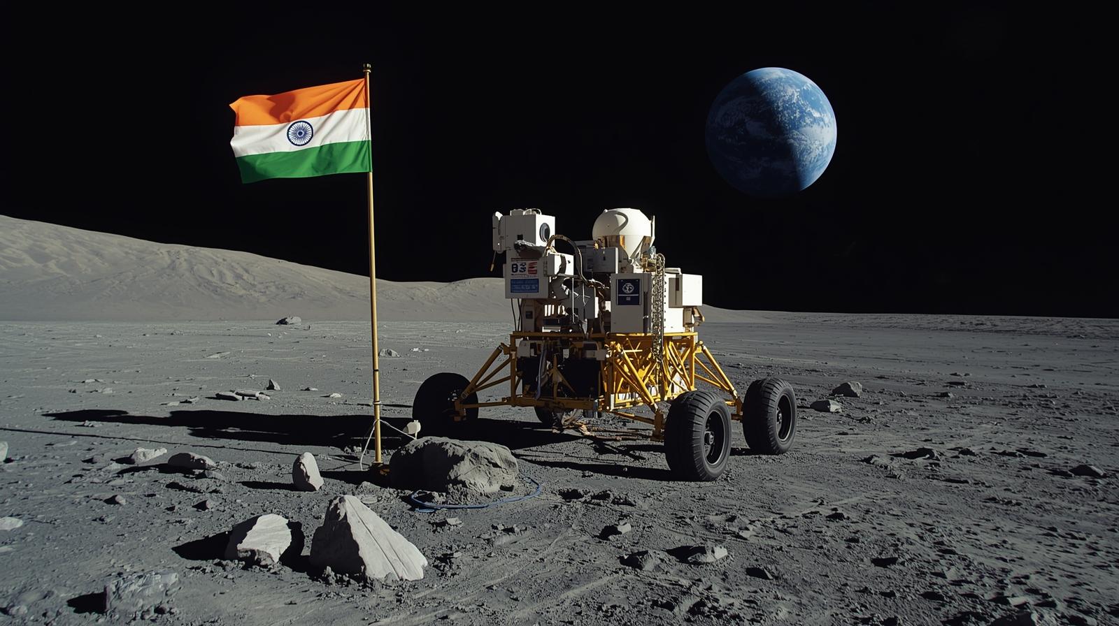 Illustration showing the first Indian to land on moon during a historic space mission
