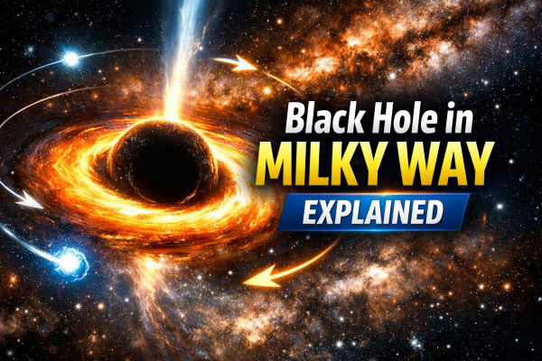 Sagittarius A*, the supermassive black hole at the center of the Milky Way, with a glowing orange-yellow accretion disk, stars orbiting, and light bending around it; cinematic, high-contrast design with text ‘Black Hole in Milky Way’.”