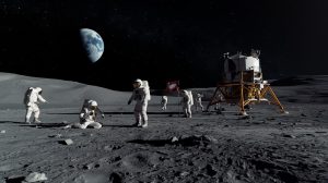 Astronauts from the Artemis III mission exploring the Moon’s south pole with a lunar lander and spacecraft visible, representing NASA’s plan to return humans to the lunar surface.