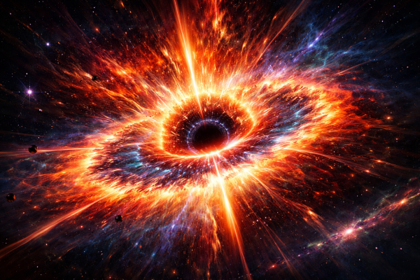 WHAT IS A STAR DEATH dramatic supernova explosion in deep space, bright orange, red, and blue energy waves bursting from a collapsing star, a forming black hole at the center pulling in light, surrounded by stars, galaxies, and glowing cosmic dust, high contrast cinematic scene