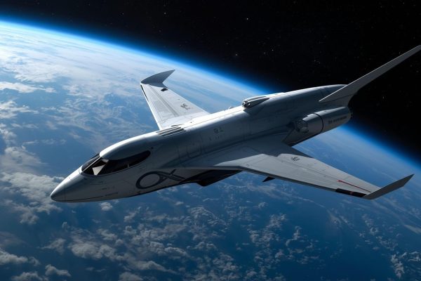 Virgin Galactic spaceplane preparing for suborbital flight with passengers experiencing space tourism